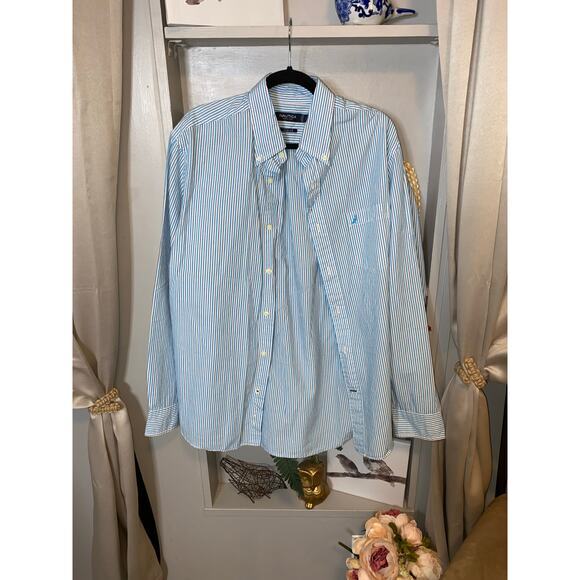 Nautica Slim Fit size Large Striped Blue White Button Down GUC Dress Shirt - Picture 1 of 12